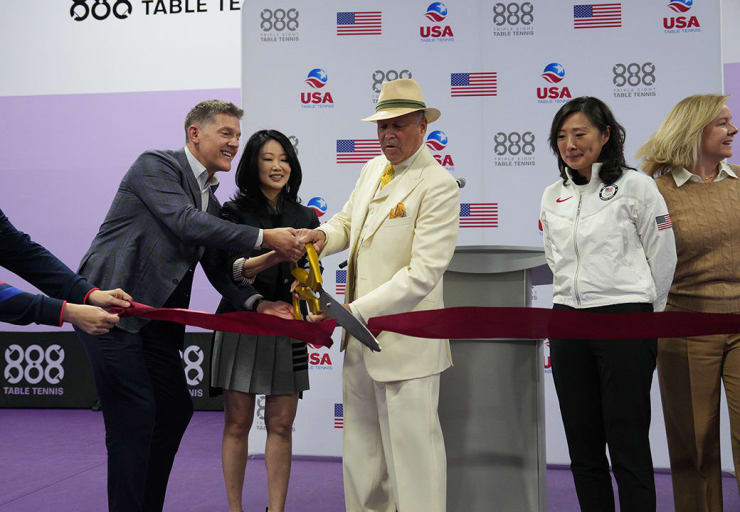 The grand opening ceremony for the USA Table Tennis National Training Center at 888 Table Tennis Center. (l-r) Roelof Botha and Huifeng Chan (888 TTC Owners), Ross Bruce (Burlingame Chamber of Commerce Chair), Virginia Sung (USATT CEO), and Sarah Hirshland (USOPC CEO). Burlingame, CA. April 23, 2024.